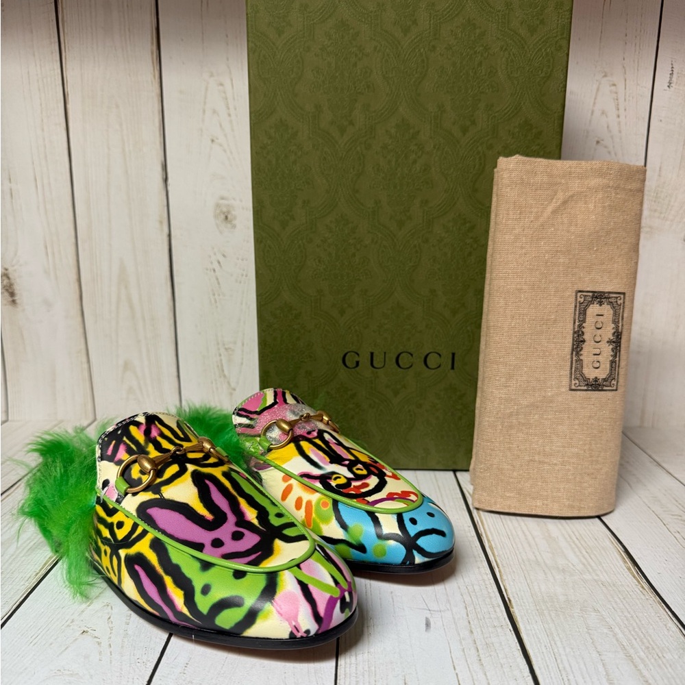 Gucci Graffiti Printed Leather Princetown Mule Loafer Multicolor Sz 34 / 4